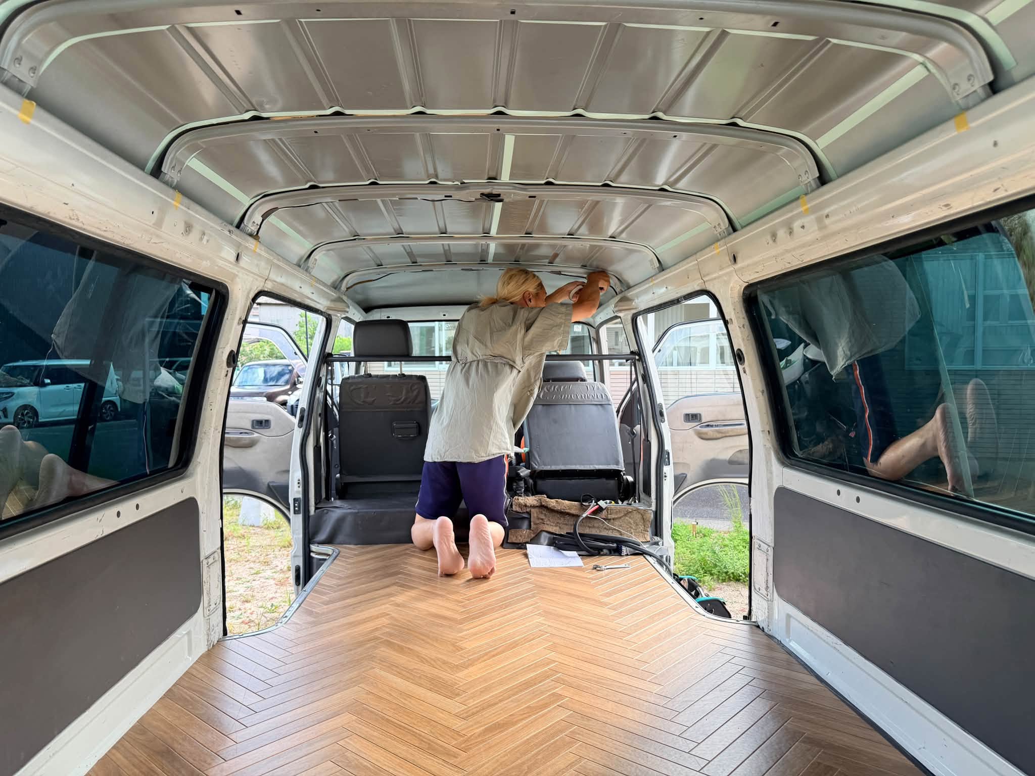 MATCHA LATTE Bongo interior build with herringbone flooring